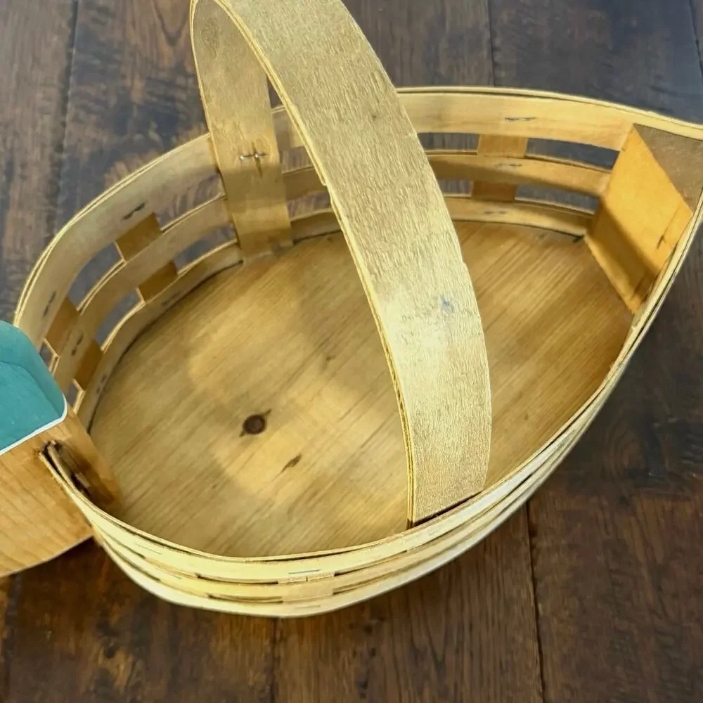 Vintage Wood & Woven Slat Mallard Duck Handled Basket | Rustic Country Basket